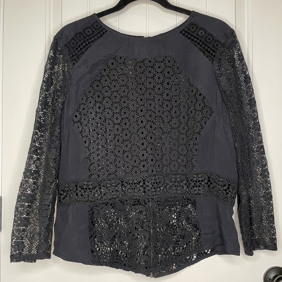 Lucky Brand Black Crochet Lace Long Sleeve Boho Top Large - Picture 1 of 7